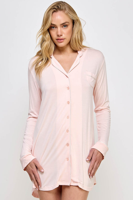 Cozy Mahina Sleep Shirt Collared Long sleeves Button-down closure Pocket on the chest Contrast decorative piping Made in China