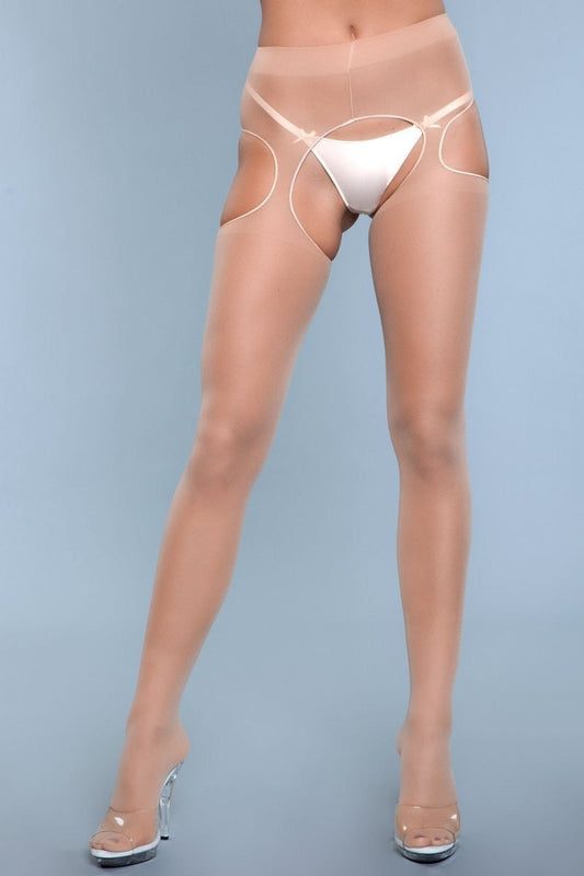 Bring playful seduction with this Rase Sight suspender pantyhose. Pantyhose features a hips cut out and a crotchless bottom. Elastic waist Sheer from toe to waist Thong not included Follow care instructions
