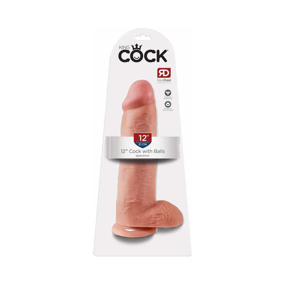 King Cock 12 in. Cock With Balls Realistic Suction Cup Dildo Beige