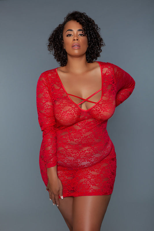 Lynn chemise is a lightweight, form-fitting lingerie garment designed to delicately hug the body, showcasing an elegant and sensual silhouette. With the lace fabric intricate patterns, and sheer texture, this chemise offers a blend of sophistication and allure. Thong not included. Deep u neckline with crisscross strap detail Long sleeves Bodycon bodice