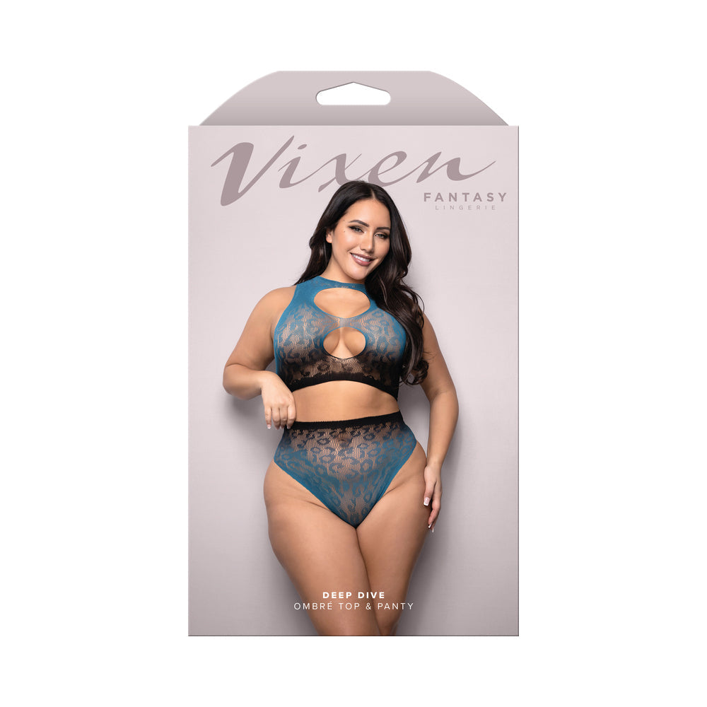 Fantasy Lingerie Vixen Deep Dive Ombré Leopard Knit Cut-Out Top & Panty Black/Blue Queen Size