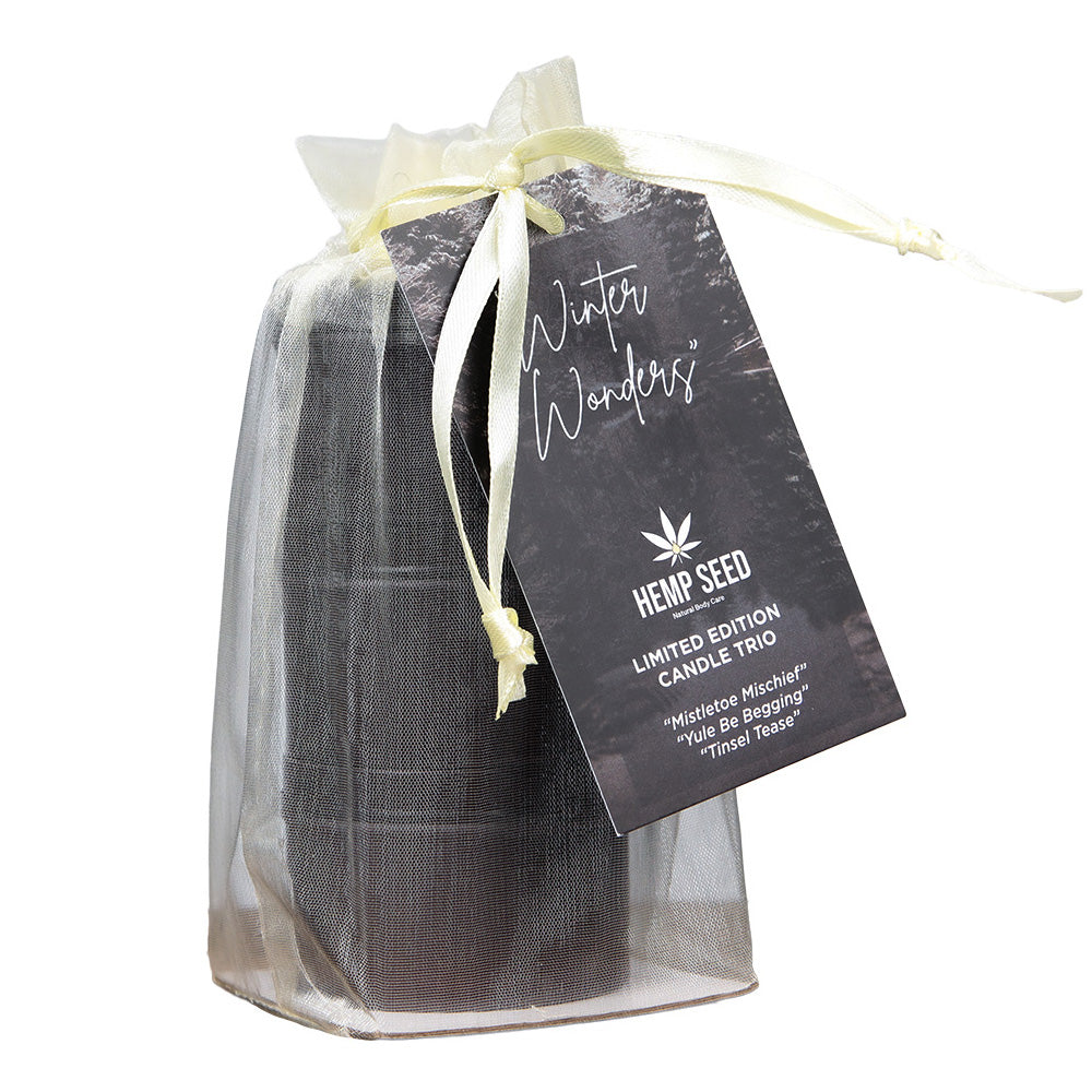 Earthly Body Hemp Seed 3-in-1 Massage Candle Holiday Trio: Mistletoe Mischief, Tinsel Tease, Yule Be Begging