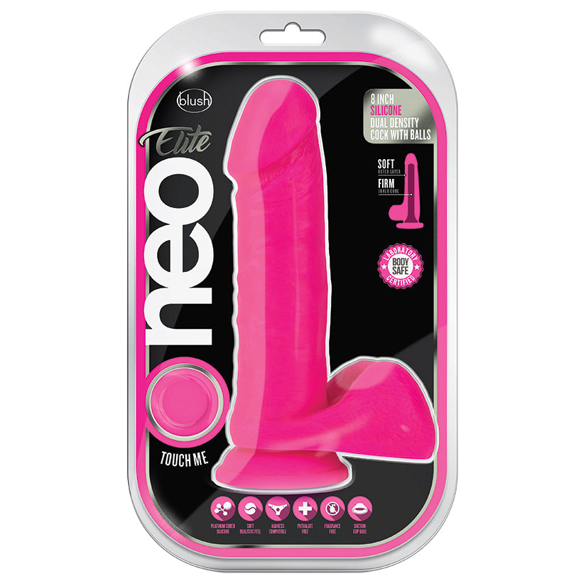 Neo Elite Silicone Dual Density Cock with Balls-Neon Pink 8"