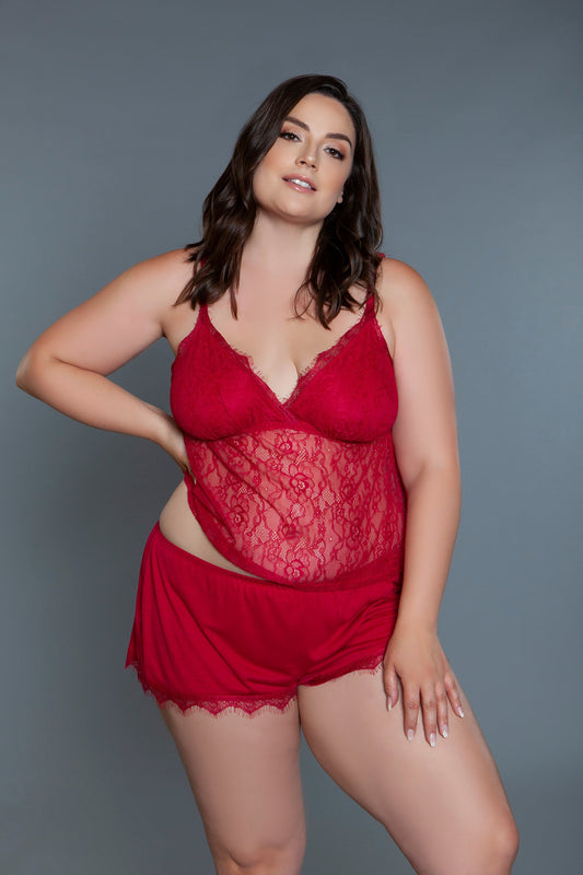 A beautifully curated ensemble that combines the timeless beauty of lace with the comfort and ease of a cami and short set. This exquisite pairing is designed to flatter and enchant, featuring soft, intricate lace that adorns both the cami and shorts, adding a layer of sophistication and allure. Lined triangle cups Adjustable spaghetti straps Elastic waist shorts Lace trim hem Knit Machine wash cold with similar colors, tumble dry low, low iron. Do not bleach. Be Wicked box packaging with Be Wicked hangtag