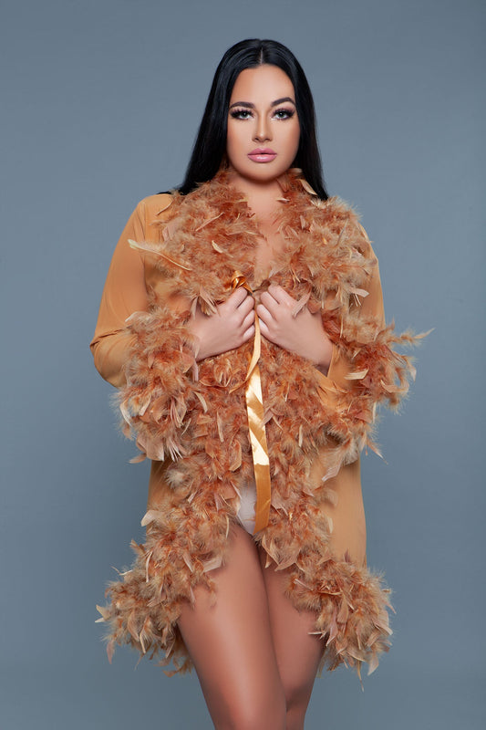 Lux short chiffon robe with feather boa trim is a playful yet elegant garment that combines the airy lightness of chiffon with the whimsical allure of a feather boa trim. This robe is designed for those who love to add a touch of glamour and fun to their loungewear. Sheer Feather trim Long sleeves Front tie satin ribbons Thong not included. Be Wicked polybag with Be Wicked hand tag and UPC stickers.