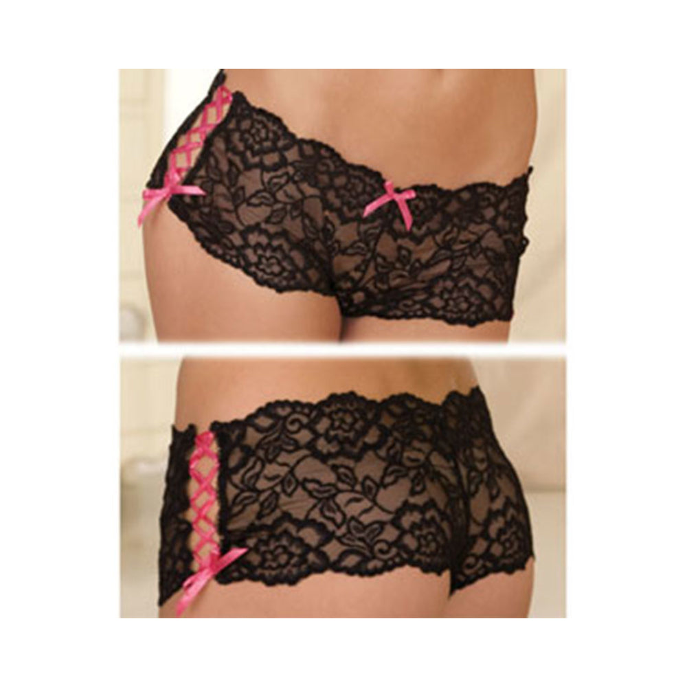 Rene Rofe Crotchless Lace Side Tie Boyleg Panty Black M/L Default Title Rene Rofe Women - Lingerie - Underwear