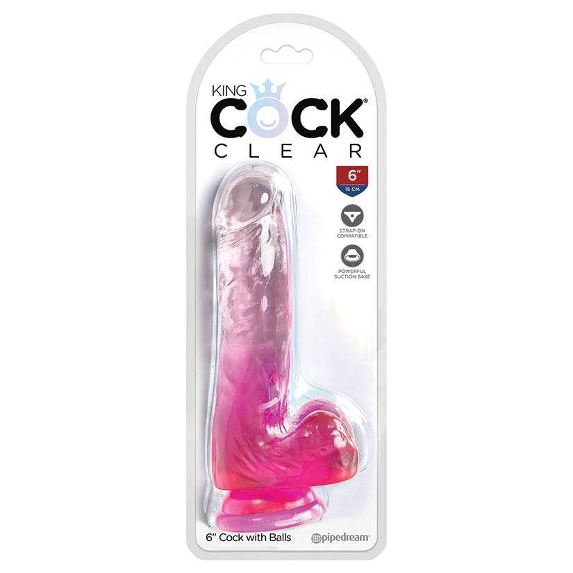 King Cock Clear with Balls-Pink 6"