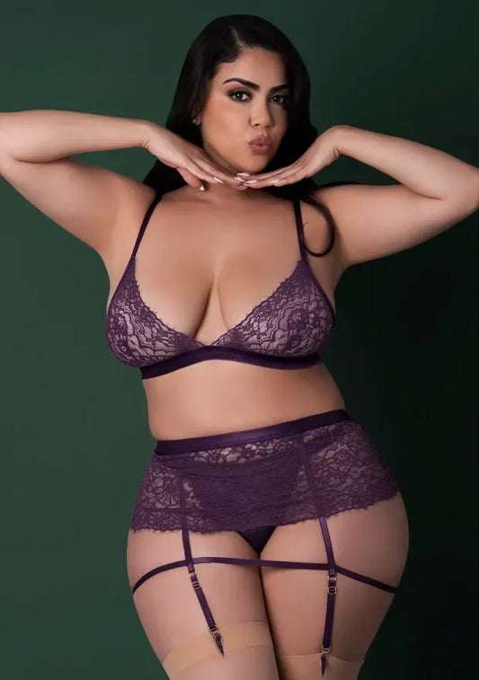 Magic Silk Leather & Lace Bralette, Garter Skirt & Thong Set Plum Queen Size Magic Silk Women - Lingerie - Sets