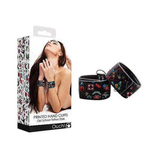 Ouch! Old School Tattoo Printed Hand Cuffs Shots America Toys - Fetish