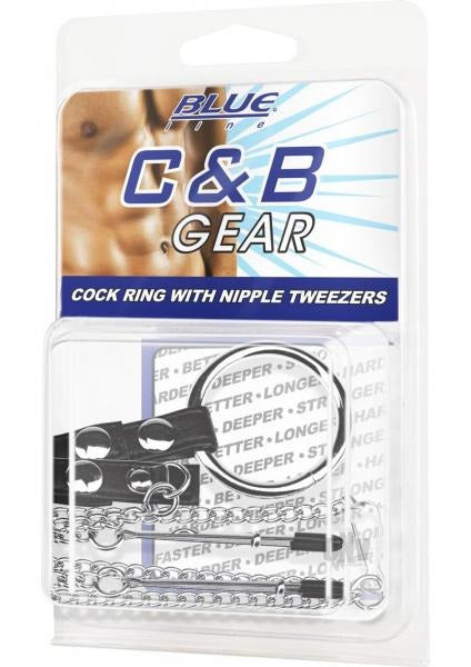 C & B Gear Cock Ring with Nipple Clamps Tweezers Blue Line Men Toys - Cockrings