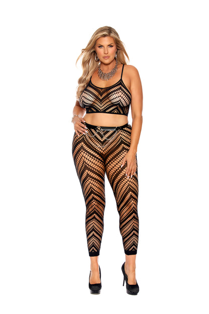 Zig Zag Crochet Net Cami Top And Matching Leggings Queen Size Black Elegant Moments Women - Lingerie - Sets
