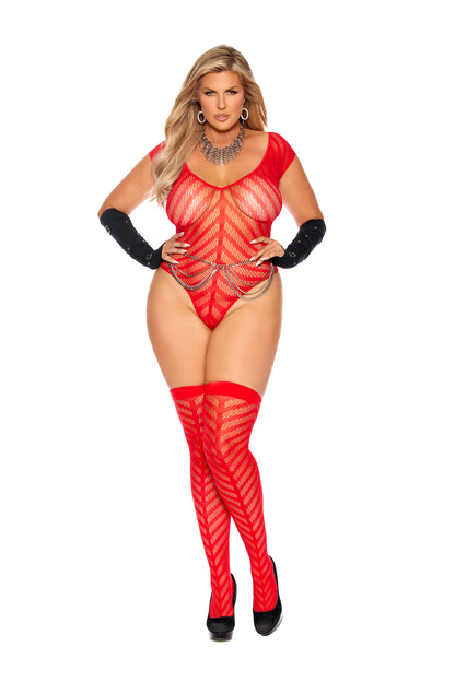 Chevron Striped Crochet Deep V Teddy And Matching Stockings Queen Size Red Elegant Moments Women - Lingerie - Teddy