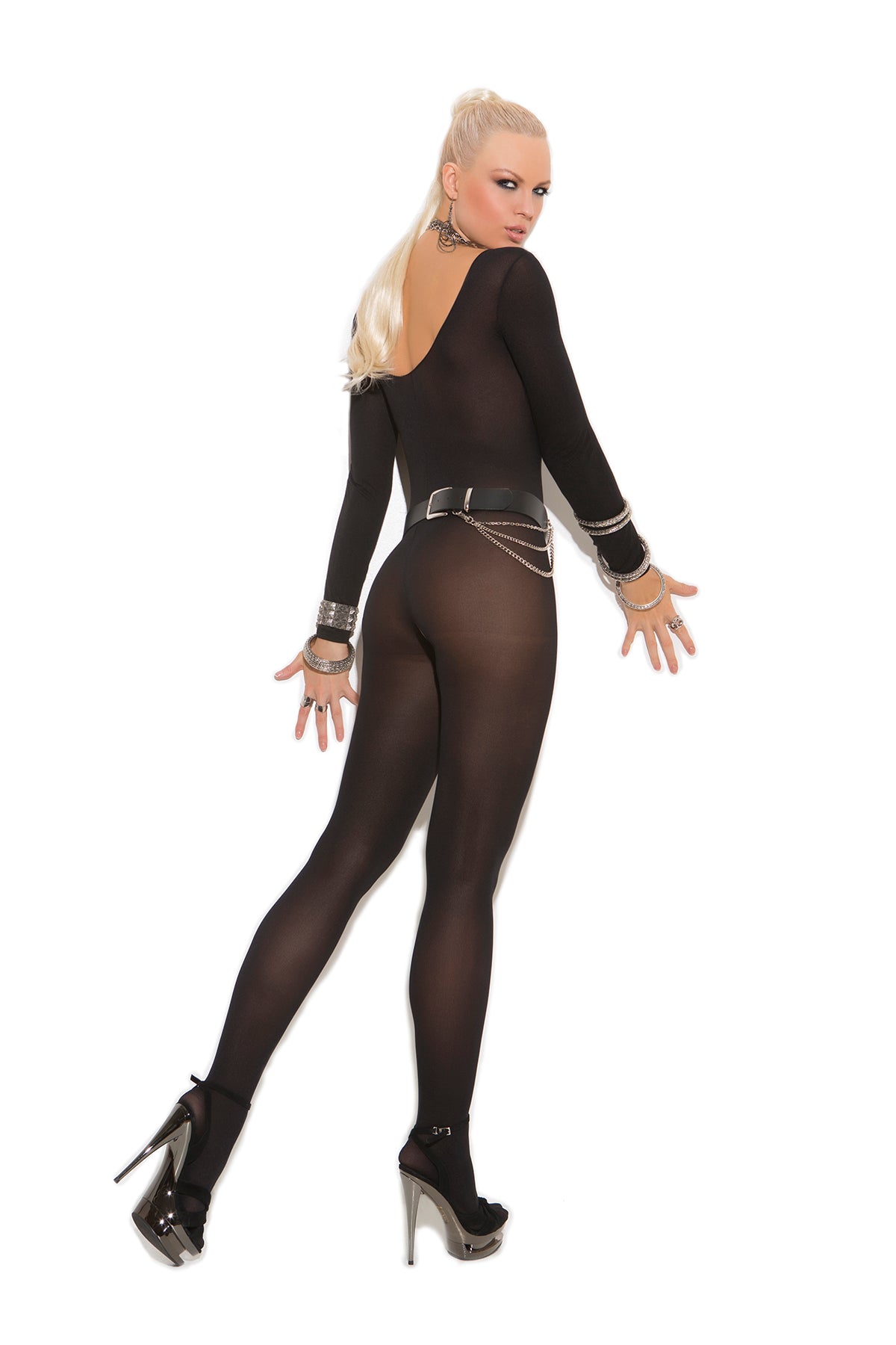 Opaque Long Sleeve Bodystocking With Open Crotch 2
