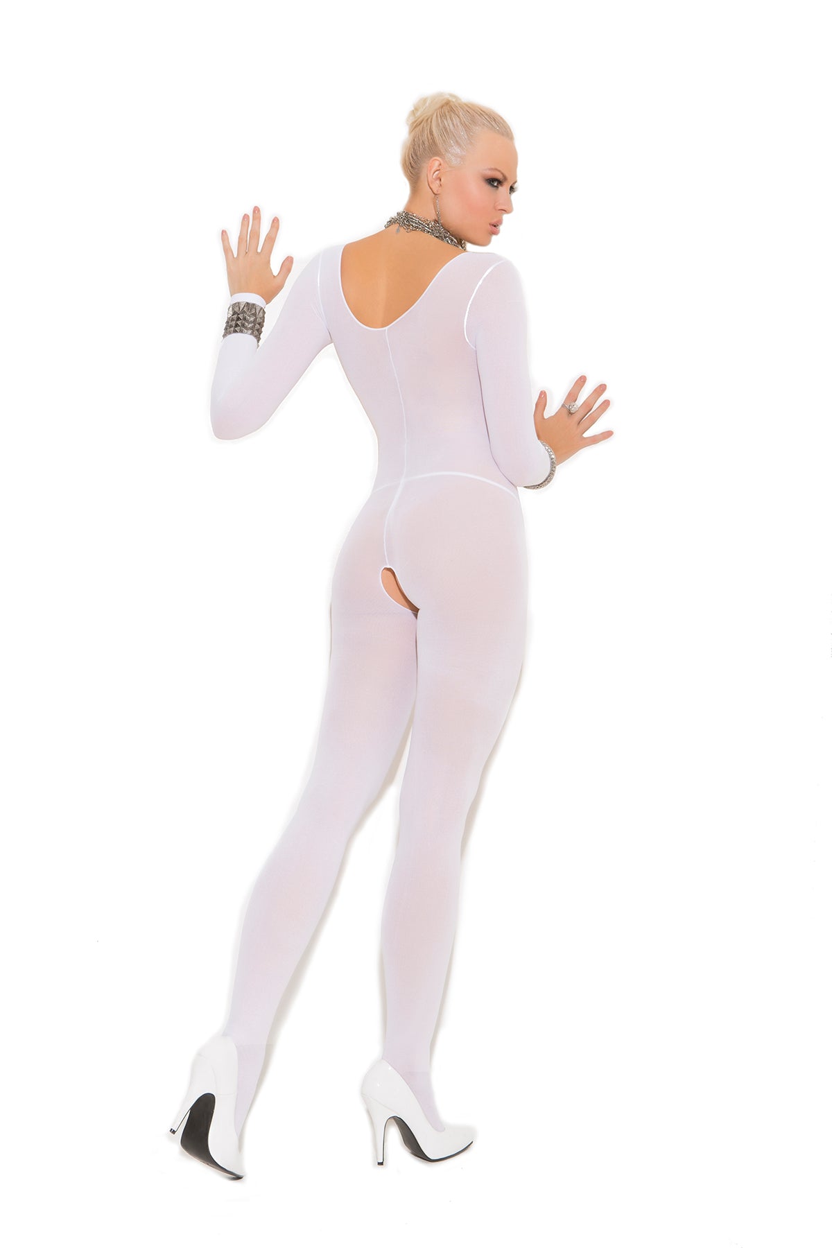 Opaque Long Sleeve Bodystocking With Open Crotch 2