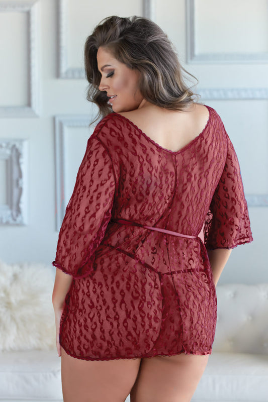 Allure Valentina Leopard Lace Robe & G-string Ruby Qn Allure Lingerie Women - Lingerie - Sets