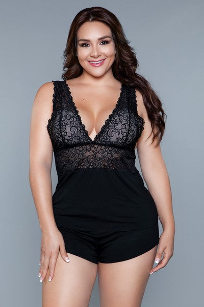 Indulge in the ultimate blend of comfort and elegance with the Orian Pajama Set. Designed to elevate your loungewear collection, this set combines luxurious lace detailing with soft, breathable fabric, making it perfect for restful nights and lazy mornings. Plunging V neckline Sleeveless Sheer top contrast Elastic waist shorts Made in China