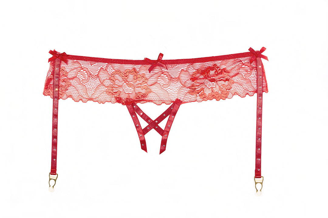 Allure Mira Lace Open Panty W/garters Red O/s Allure Lingerie Women - Lingerie - Garters