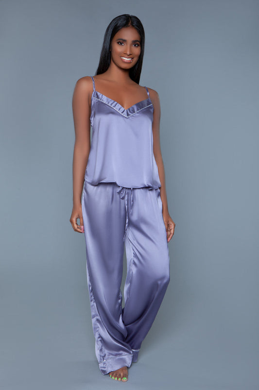 Elevate your loungewear with our Madison satin pajama set, enhanced with refined piping detail for a classic, polished look. Crafted from soft, silky satin, this set feels luxurious against your skin, ensuring comfort all night long. The cami top features adjustable spaghetti straps and a relaxed fit, making it both flattering and comfortable. Paired with flowy wide-leg pants adorned with sleek piping accents, this set offers a modern twist on timeless elegance. Perfect for unwinding at home or adding a to
