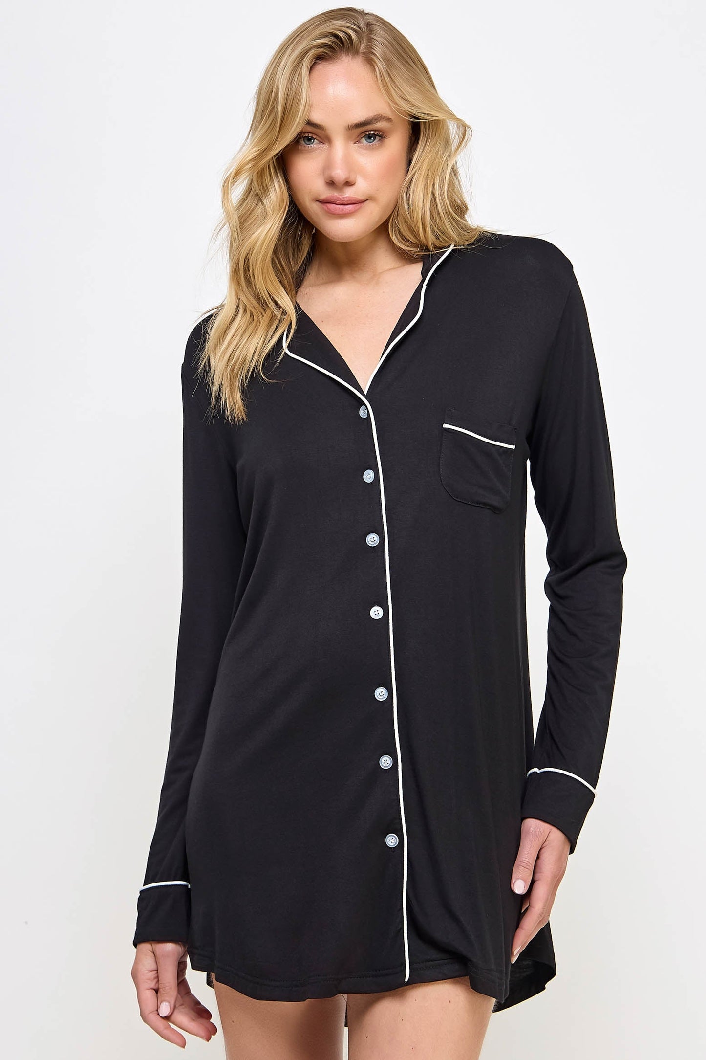 Cozy Mahina Sleep Shirt Collared Long sleeves Button-down closure Pocket on the chest Contrast decorative piping Made in China