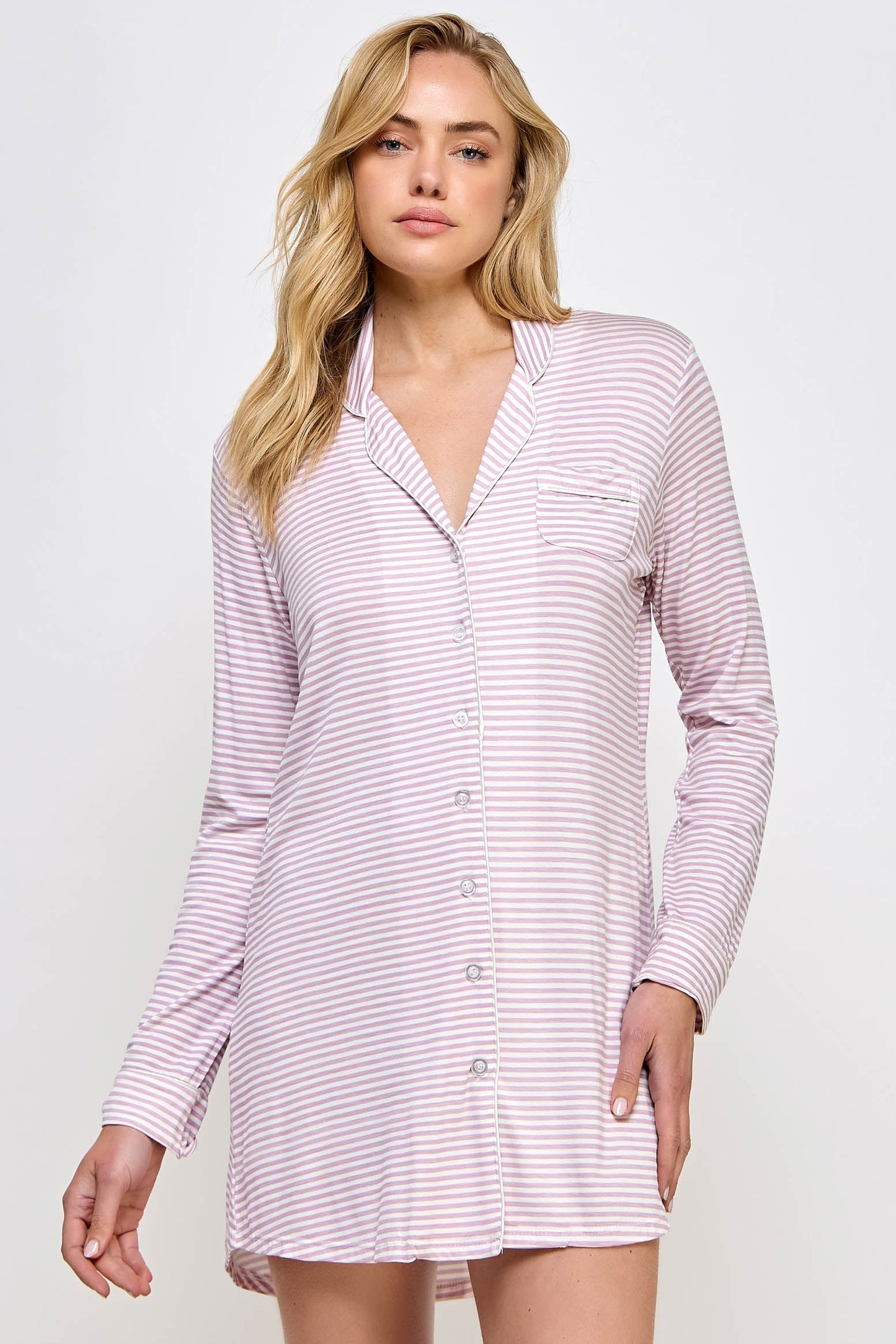 Cozy Mahina Sleep Shirt Collared Long sleeves Button-down closure Pocket on the chest Contrast decorative piping Made in China