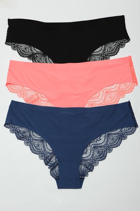 Elevate your lingerie collection with our seamless laser-cut front cheeky Arden Panty Pack, featuring a luxurious back-scalloped floral lace design. These panties combine elegance and comfort with their seamless construction, offering a smooth fit under any outfit. Midrise Front seamless laser cut design Back floral lace Scalloped back design Pack of black, navy blue, and coral colors.