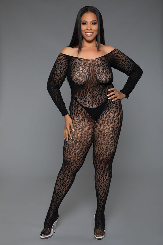 Unleash Your Animal Instinct With This Sexy Catsuit bodystocking. Round neckline Long sleeves Leopard netting design Crotchless bottom Thong and pasties not included Handwash only, dry separately. Do not bleach/tumble dry/iron/dry clean. Be Wicked box packaging 93% Polyamide 7% Elastane Made in Taiwan