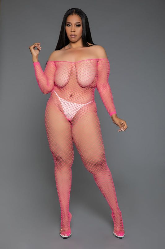Unleash your daring side with our Catch Me Bodystocking, a statement piece designed for those who embrace bold fashion choices. This bodystocking combines the seductive appeal of fishnet with an off-shoulder cut, creating an attractive look that's as audacious as sensual. Long sleeves Off shoulder Fishnet from toe to shoulders Thong and pasties not included