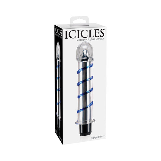 Icicles No. 20 Ribbed Vibrating 7.5 in. Glass Dildo Blue/Clear
