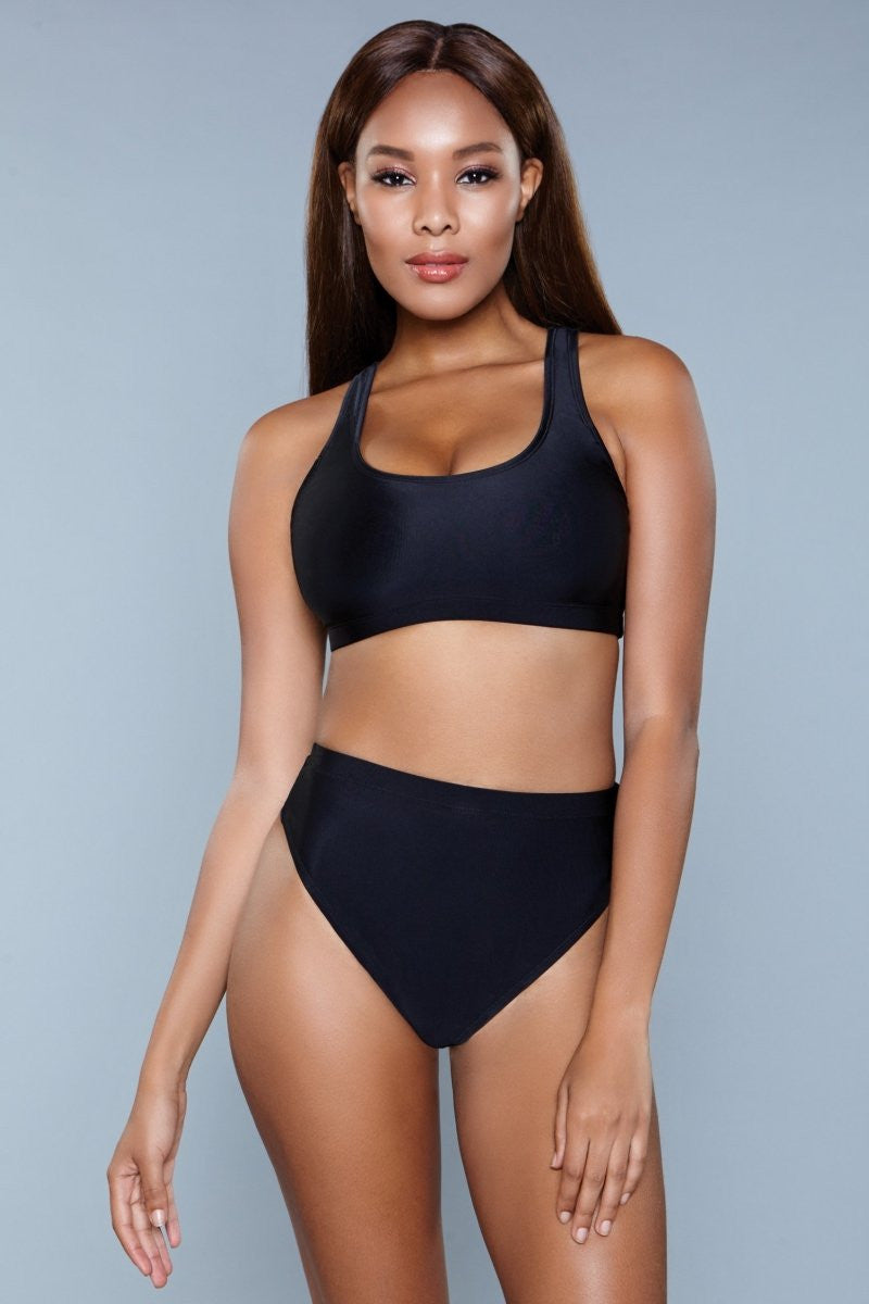 Vera 2 Piece Set Sleeveless Deep U back High-waisted bottom Brazilian cut bottom Hand wash cold separately, line dry. Do not twist or wring. Be Wicked Swimwear Polybag Packaging Self: 100% Nylon Lining: 95% Polyester 5% Spandex Made in China