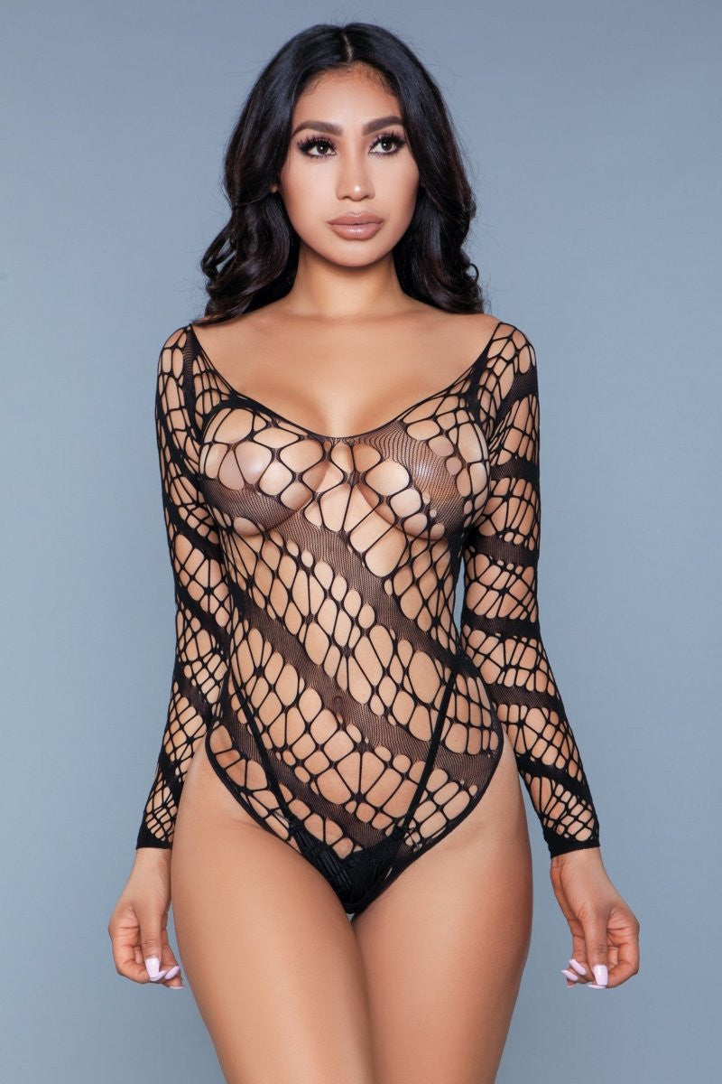 Unveil a side of you that's bold and daring with the Web of Love Bodysuit. Designed for the fearless fashionista, this piece is a testament to intricate artistry and contemporary style. Its unique slanted line web pattern weaves a tale of mystery and allure, making it a standout addition to your lingerie wardrobe. Off shoulders Long sleeve Available in solid black and rainbow Follow care instructions Thong not included Box packaging, dimensions (in): 10x7x1 Made in Taiwan Nylon 92% Spandex 8%