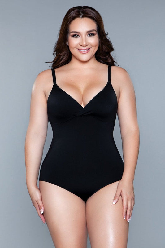 Your secret weapon for a sleek, seamless silhouette under any outfit. Designed for those who desire both support and a smooth contour, this bodysuit is crafted with cutting-edge fabric technology to sculpt and shape your figure, providing an invisible layer of confidence. Seamless Surplice V neckline Adjustable straps Snap-on closure panty Machine washable. Do not bleach/iron/dry clean. Be Wicked box packaging, dimensions (in): 10x7x1 92% Polyamide 8% Elastane