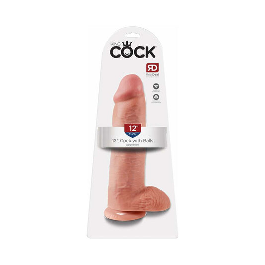 King Cock 12 in. Cock With Balls Realistic Suction Cup Dildo Beige