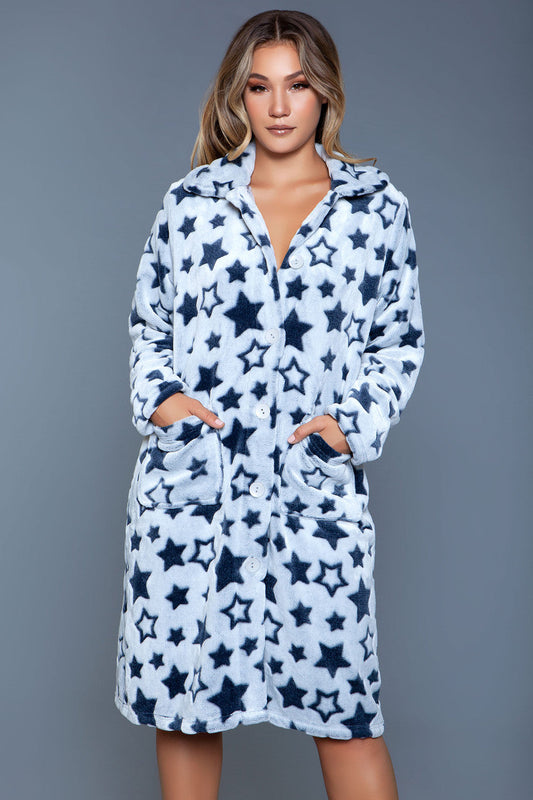 Ultra Soft Starry Print Robe Comfy easy wear Collared Long sleeves Button up Below the knee length Front pockets