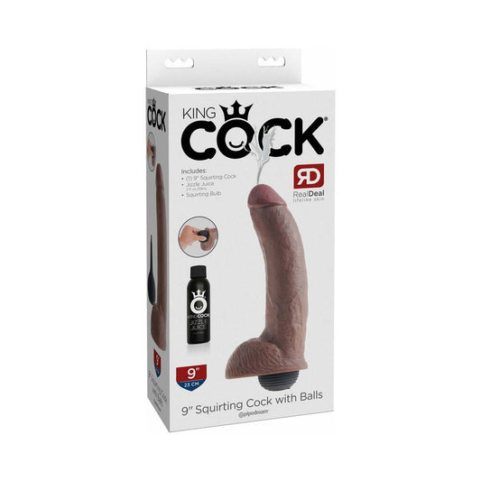 King Cock 9 in. Squirting Cock With Balls Realistic Dildo Brown