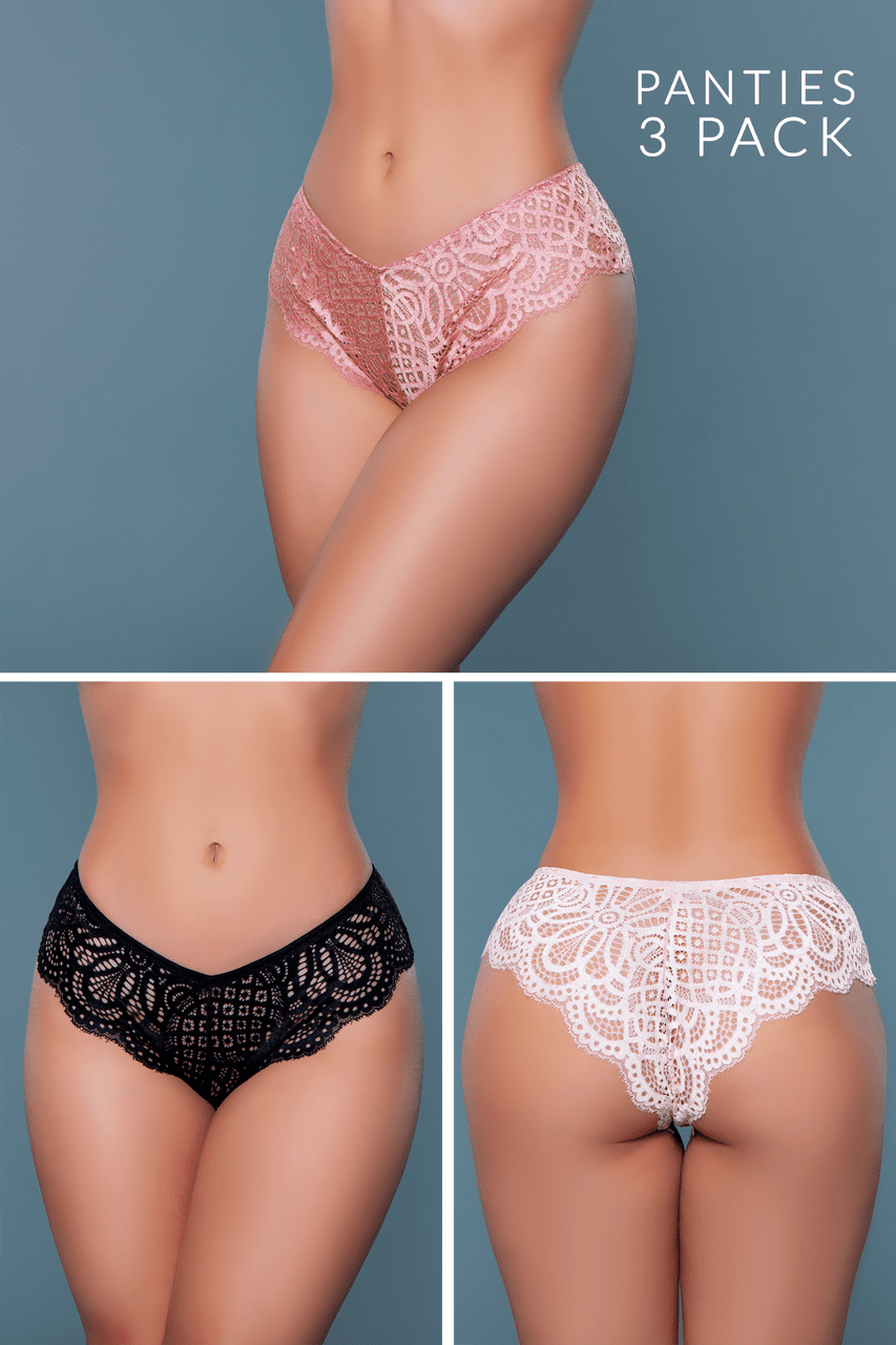 Elevate your daily lingerie lineup with our Luxe Lace Trio, a 3-pack of lace briefs designed for style-savvy women who don't compromise on comfort or elegance. Each pair in this curated collection combines the delicate beauty of lace with a comfortable fit, ensuring you feel fabulous from morning to night. Floral lace design Regular rise Cheeky cut Scalloped trim Pack of 3 (one of each color) Hanger with BW hangtag, 3-pack label, size label, hygienic liner, and UPC stickers in a polybag. Made in China