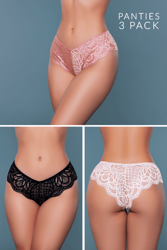 Elevate your daily lingerie lineup with our Luxe Lace Trio, a 3-pack of lace briefs designed for style-savvy women who don't compromise on comfort or elegance. Each pair in this curated collection combines the delicate beauty of lace with a comfortable fit, ensuring you feel fabulous from morning to night. Floral lace design Regular rise Cheeky cut Scalloped trim Pack of 3 (one of each color) Hanger with BW hangtag, 3-pack label, size label, hygienic liner, and UPC stickers in a polybag. Made in China