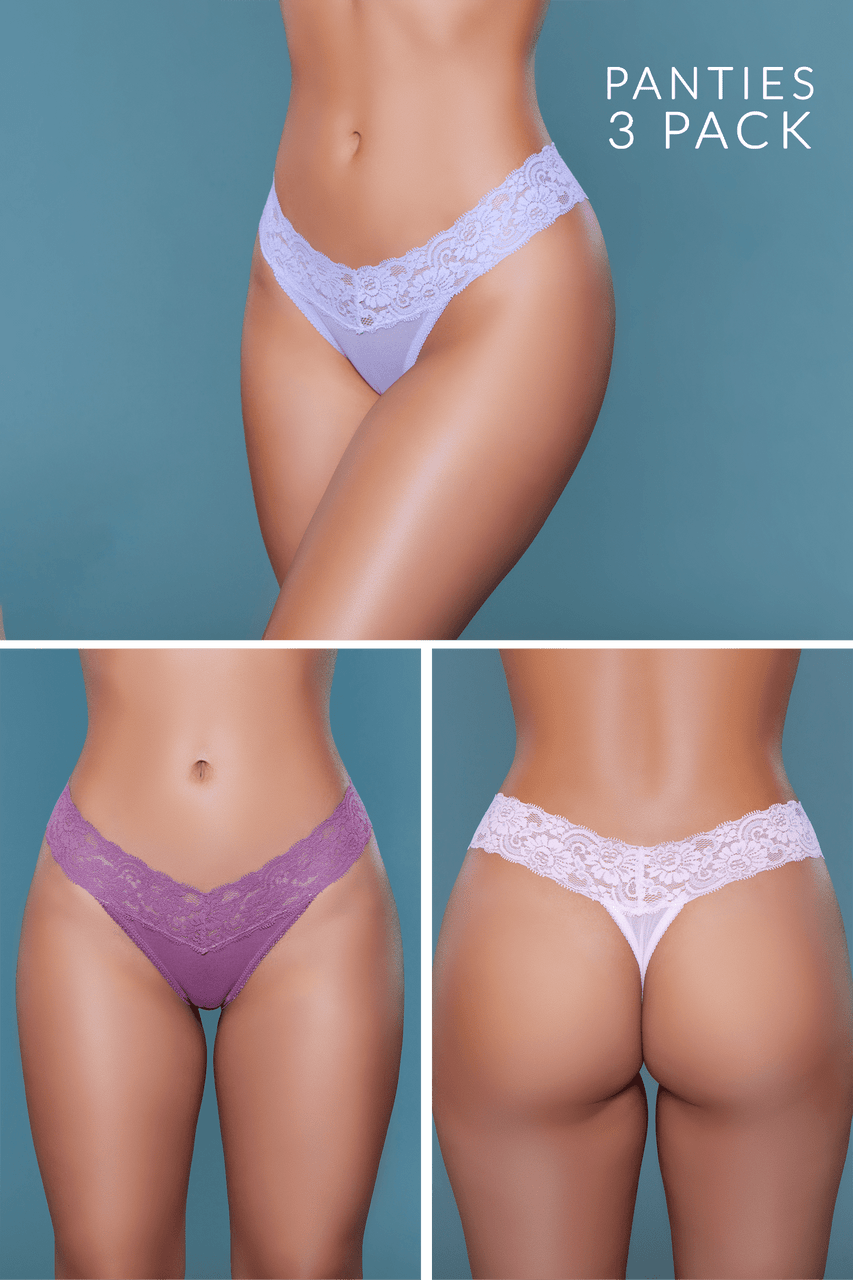 Introduce a touch of subtle allure to your lingerie collection with our Mila thong pack. Designed for those who seek a blend of elegance and daring in their undergarments, this thong combines delicate lace with breathable mesh to create a piece that's as beautiful as it is comfortable. Floral lace design Low-rise Thong cut Mesh contrast Pack of 3 (one of each color) Hanger with Be Wicked hangtag, 3-pack label, size label, hygienic liner, and UPC stickers in a polybag. Made in China