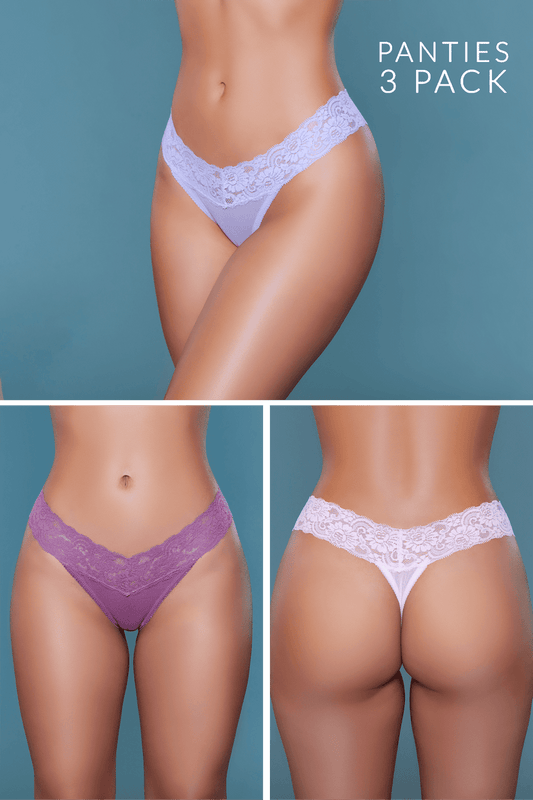 Introduce a touch of subtle allure to your lingerie collection with our Mila thong pack. Designed for those who seek a blend of elegance and daring in their undergarments, this thong combines delicate lace with breathable mesh to create a piece that's as beautiful as it is comfortable. Floral lace design Low-rise Thong cut Mesh contrast Pack of 3 (one of each color) Hanger with Be Wicked hangtag, 3-pack label, size label, hygienic liner, and UPC stickers in a polybag. Made in China