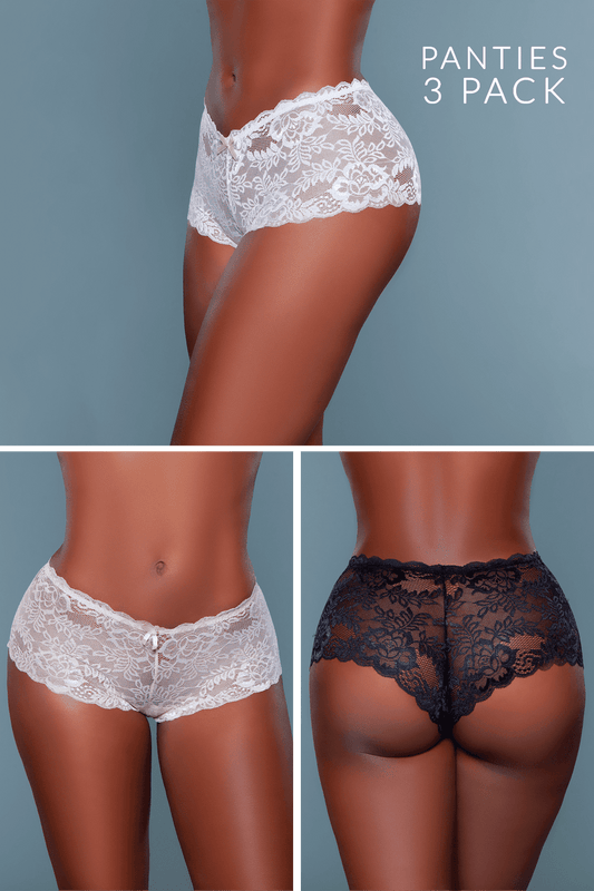 Elevate your lingerie collection with our Hayden boyshort, a 3-pack of high-rise lace briefs designed for those who appreciate a blend of classic style and modern comfort. These boyshorts feature intricate lace and charming bow details, making them a must-have for your lingerie wardrobe. High rise Allover lace design Dainty bow detail at the front Cotton gusset liner Hanger with BW hangtag, 3-pack label, size label, hygienic liner, and UPC stickers in a polybag. Made in China