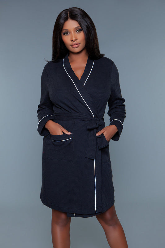 Comfy Waffle Robe Easy fit Color block trim Front tie belt Front patch pockets Polybag packaging with Be Wicked hangtag, and UPC stickers
