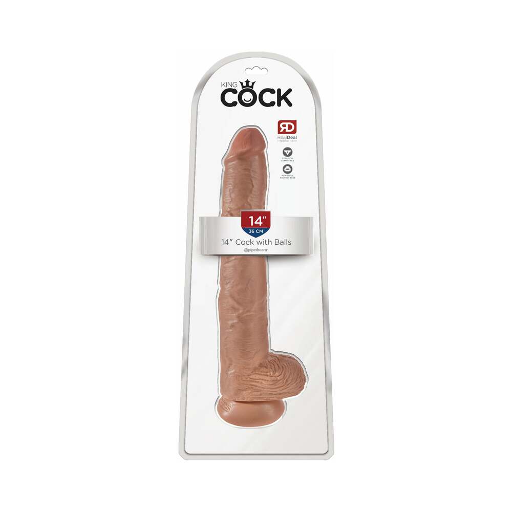 King Cock 14 in. Cock With Balls Realistic Suction Cup Dildo Tan