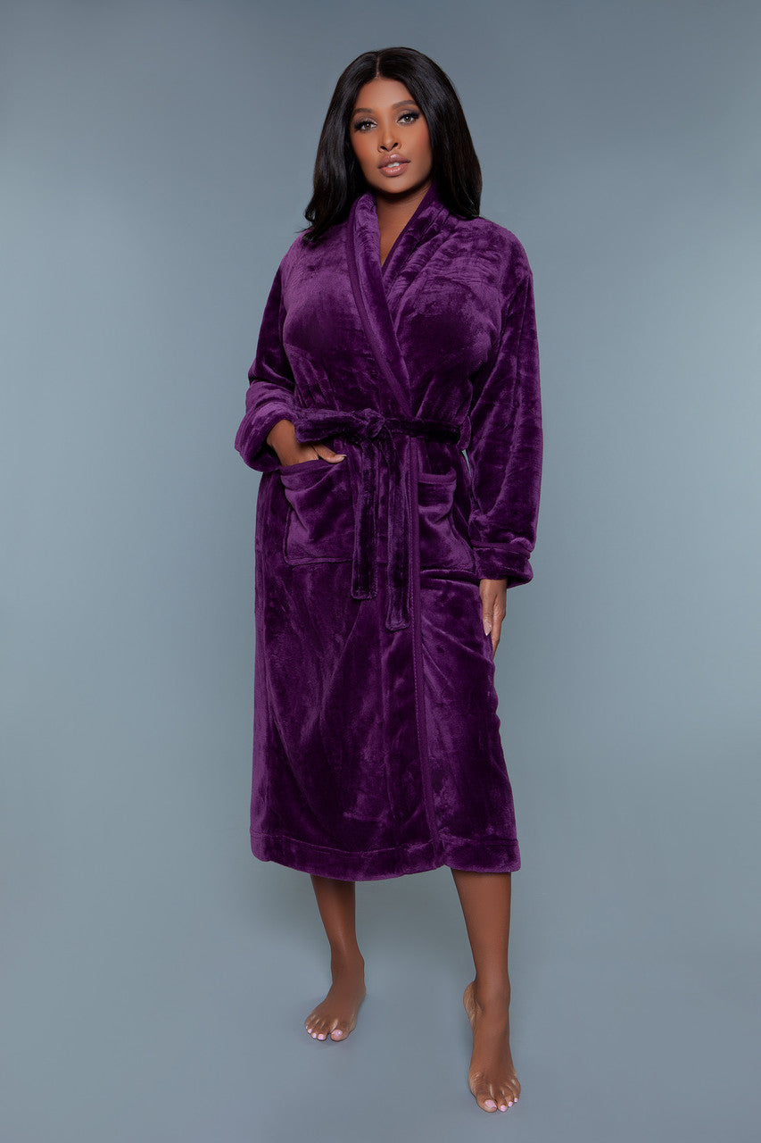 Luxurious Ultra Soft Helena Plush Robe Easy wear Full length Long sleeves Front tie belt Front pockets Polybag packaging with BeWicked hangtag, and UPC stickers.