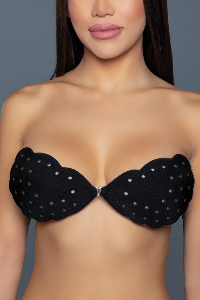 Elevate your look with a touch of sophistication and innovation. Designed for functionality and style, our adhesive bra features a beautiful scalloped edge that adds a delicate, feminine touch to this invisible support system. Front fabric Breathable holes Front metallic fastening hook Adhesive back Do not apply over broken, damaged, or sun-burned skin, if you have trouble removing the pastie, take a hot shower or soak in the bath.