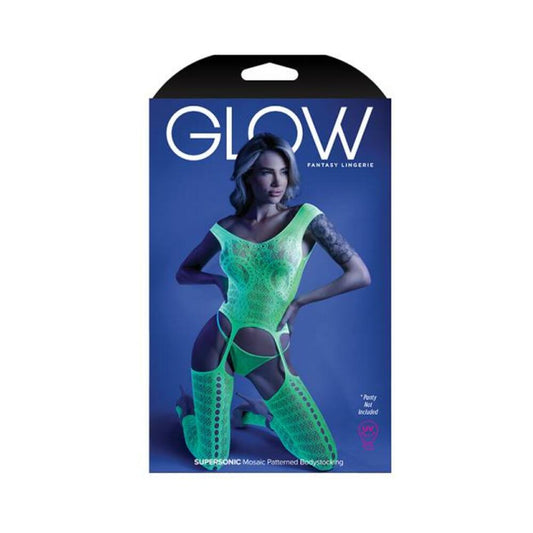 Glow Supersonic Mosaic Pattern Gartered Bodystocking Neon Green Os Default Title Glo Women - Lingerie - Bodystocking