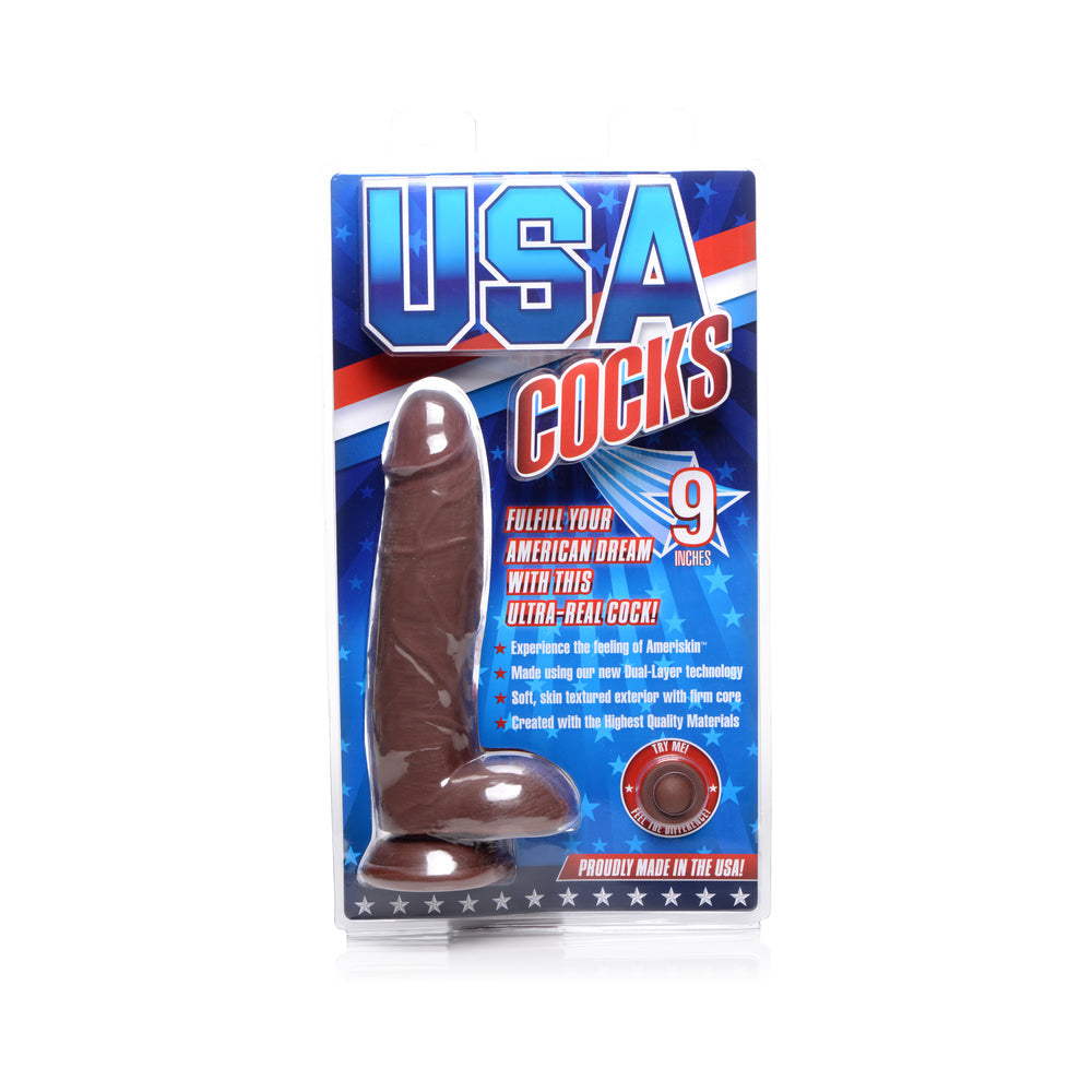 USA Cocks 9 in. Ameriskin Dual Density Dildo Dark