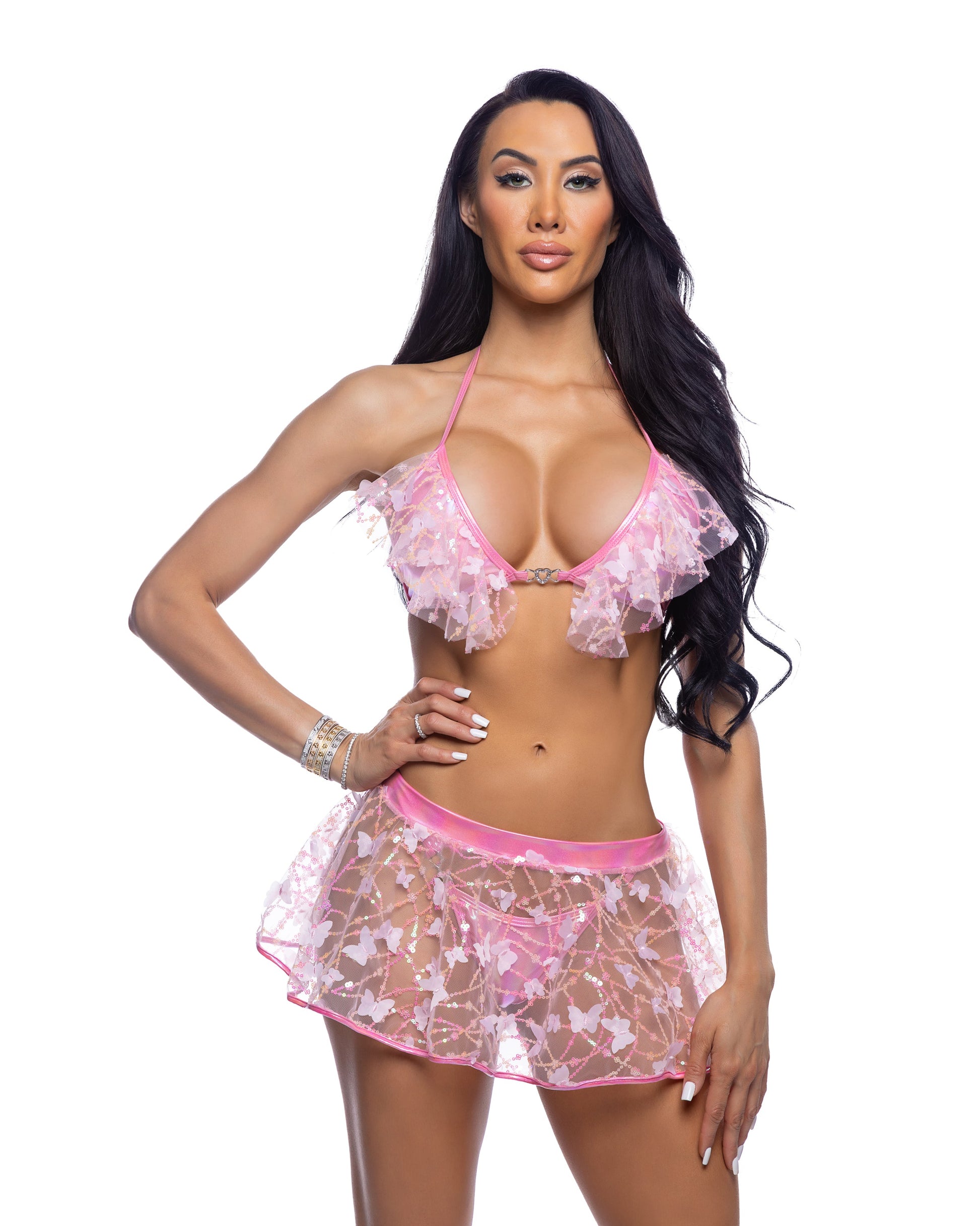Bikini Top with Butterfly & Sequin Trim & Heart Hardware Pink One Size Roma Confidential Costume Women - Swim - Cover-Ups