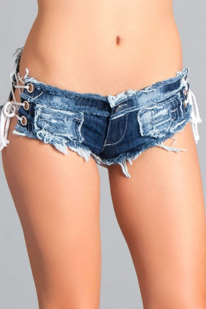 These unique shorts are crafted for those who dare to stand out, featuring a distinct washed denim finish and eye-catching lace-up sides. Perfect for adding a bold twist to your casual wardrobe, these cheeky shorts are designed to flaunt your fearless style. Front button and zipper closure Low rise Cheeky cut Distressed look Frayed hem Flattering ace-up sides