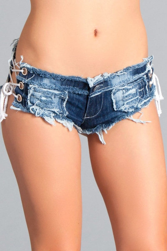 These unique shorts are crafted for those who dare to stand out, featuring a distinct washed denim finish and eye-catching lace-up sides. Perfect for adding a bold twist to your casual wardrobe, these cheeky shorts are designed to flaunt your fearless style. Front button and zipper closure Low rise Cheeky cut Distressed look Frayed hem Flattering ace-up sides
