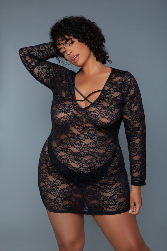 Lynn chemise is a lightweight, form-fitting lingerie garment designed to delicately hug the body, showcasing an elegant and sensual silhouette. With the lace fabric intricate patterns, and sheer texture, this chemise offers a blend of sophistication and allure. Thong not included. Deep u neckline with crisscross strap detail Long sleeves Bodycon bodice