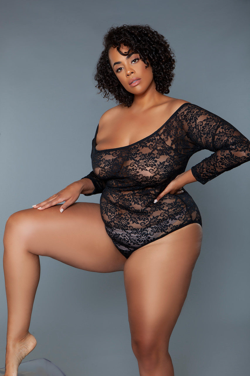 An off-shoulder floral lace bodysuit is a captivating piece of clothing that combines the allure of lace with a flattering off-shoulder design. This bodysuit features a neckline that elegantly exposes the shoulders, creating a sensual and feminine silhouette. Off shoulder neckline Long sleeves Snap-on panty closure Thong not included